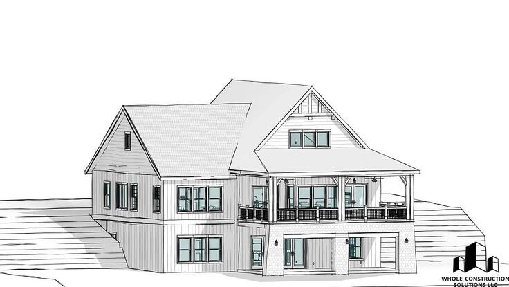 Rear elevation of a lake house with walkout basement, covered double decks, and large windows overlooking the water drafted by Whole Construction Solutions LLC.